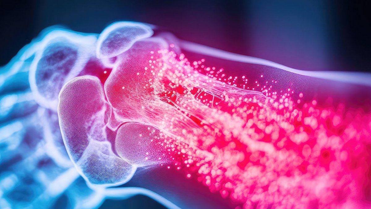 Medizinische Illustration eines rot illustrierten Knochen zur Verdeutlichung der abnehmenden Knochendichte.