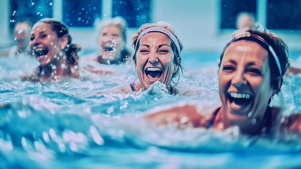 Eine Gruppe lachender Frauen schwimmt.